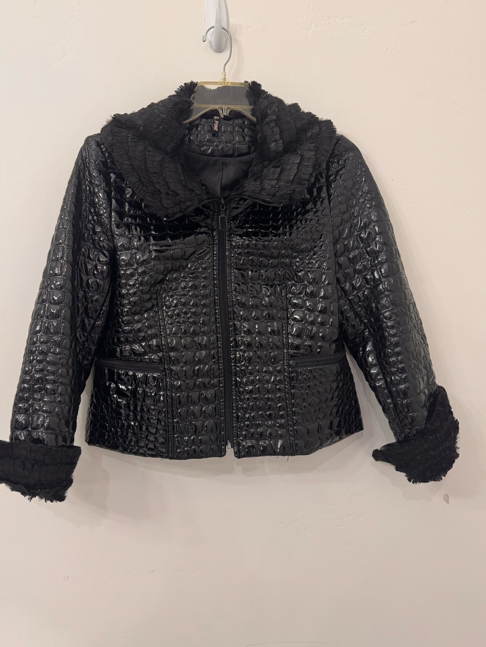 G.G. Pink Black Faux Leather Croc Embossed Faux Fur Jacket Size